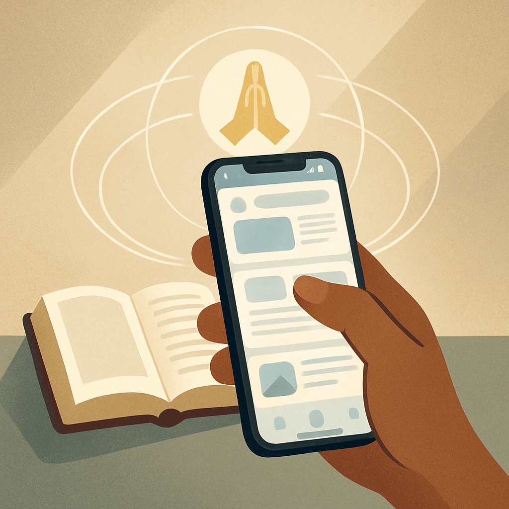 Hand holding a smartphone with a prayer-themed still life and subtle app interface on screen.