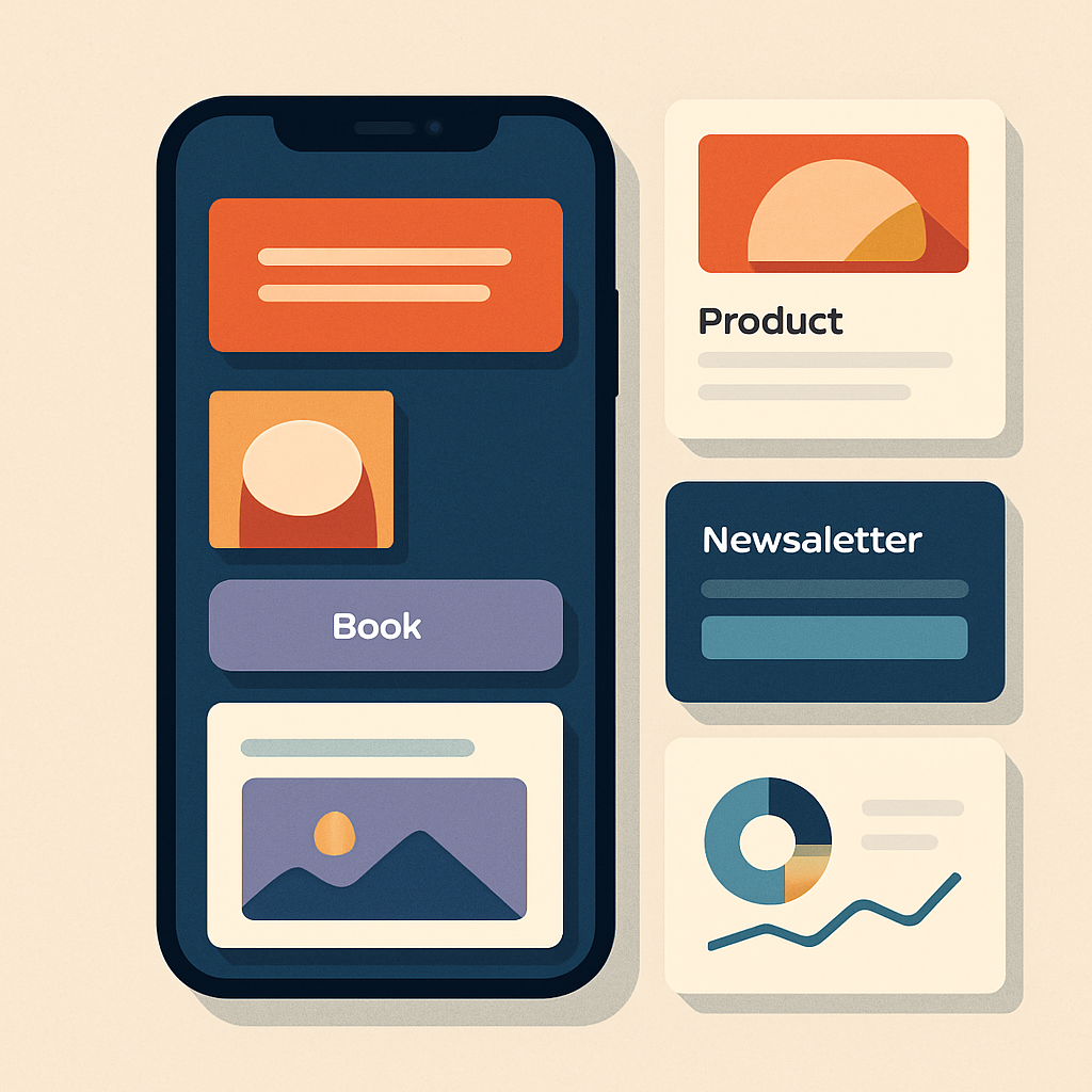 Illustration of a compact link-in-bio dashboard with cards, calls to action, and analytics elements.