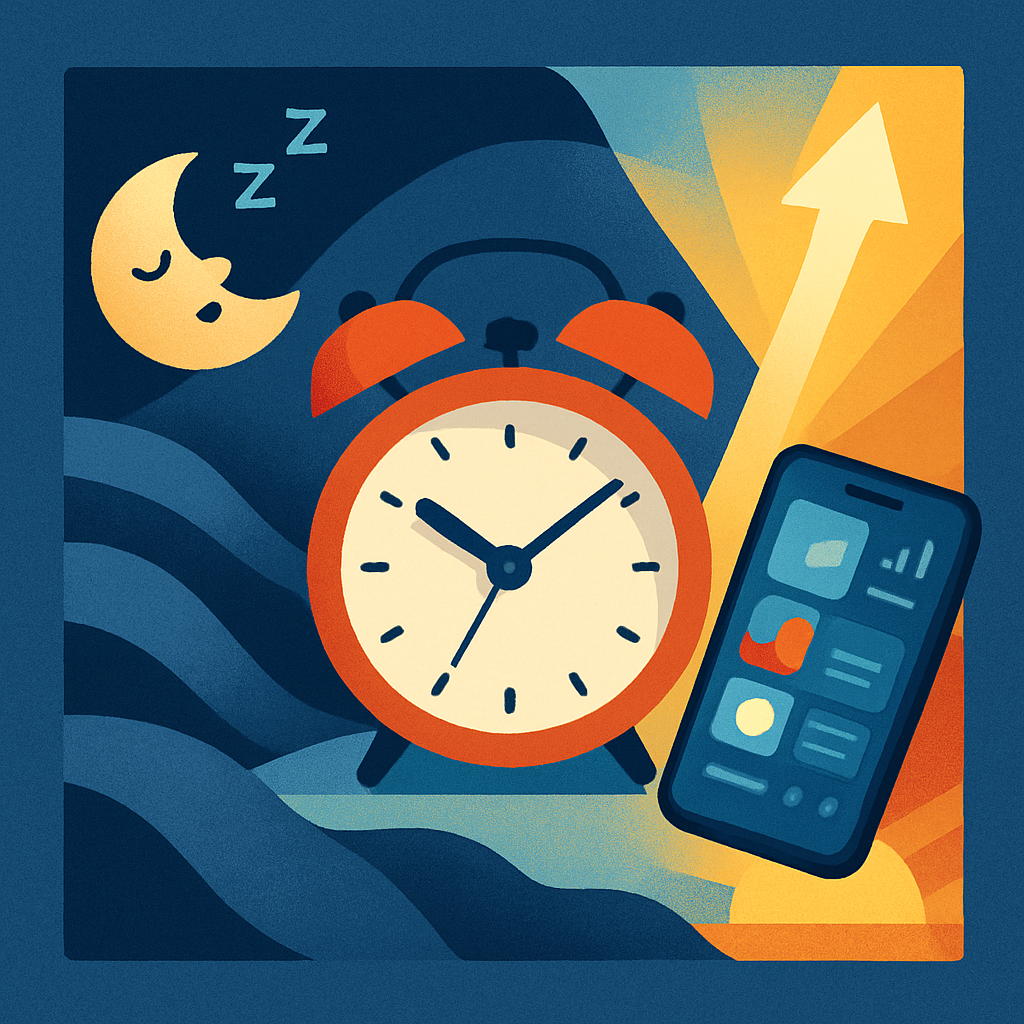 Illustration of an alarm clock surrounded by sleep and wake-up symbols, suggesting the transition from oversleeping to getting moving.