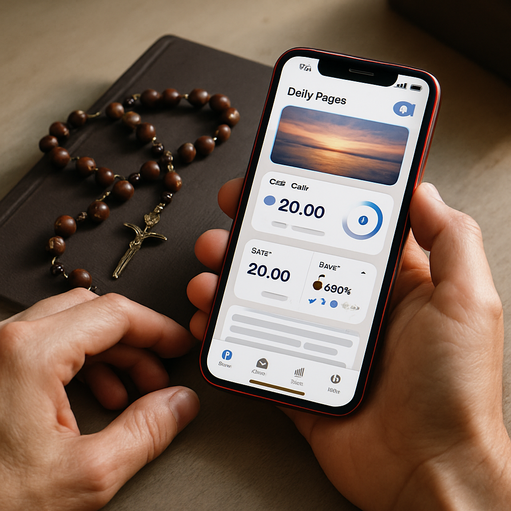 A hand holds an iPhone with a prayer app open beside a rosary and notebook.