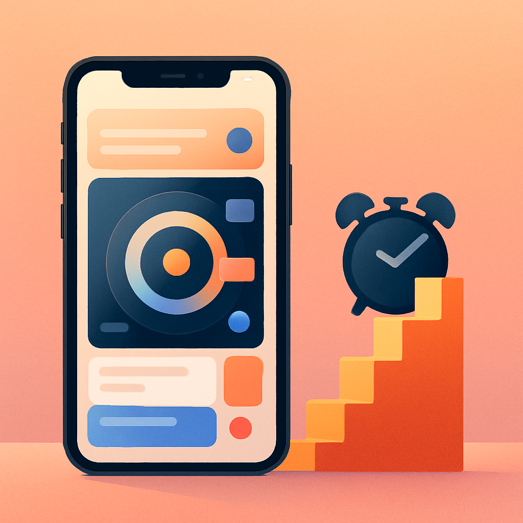 Square illustration of a phone alarm interface and rising steps symbolizing a consistent morning habit.