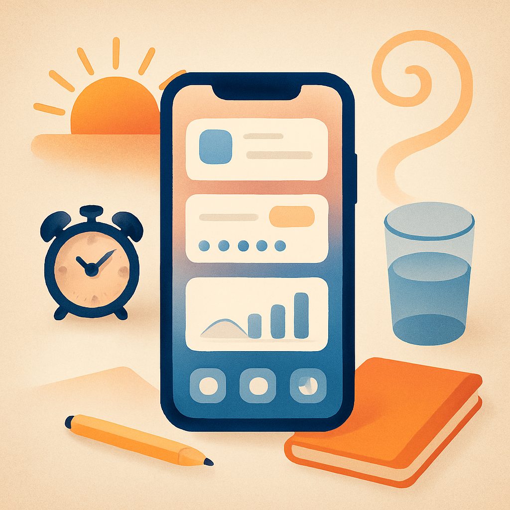 Square illustration of a morning routine system built around an iPhone with abstract app UI and habit symbols.