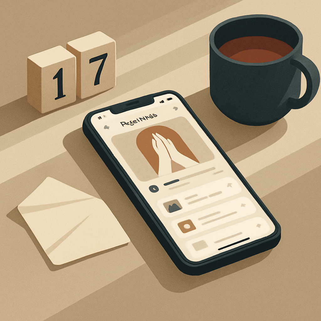 Square illustration of an iPhone displaying a prayer habit app in a calm, intentional desk setting.