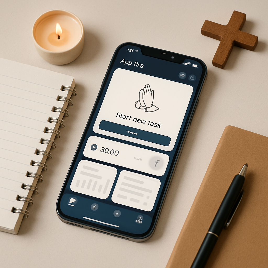 An iPhone on a desk displaying a generic blocking app interface next to prayer items in a calm, minimal setup.