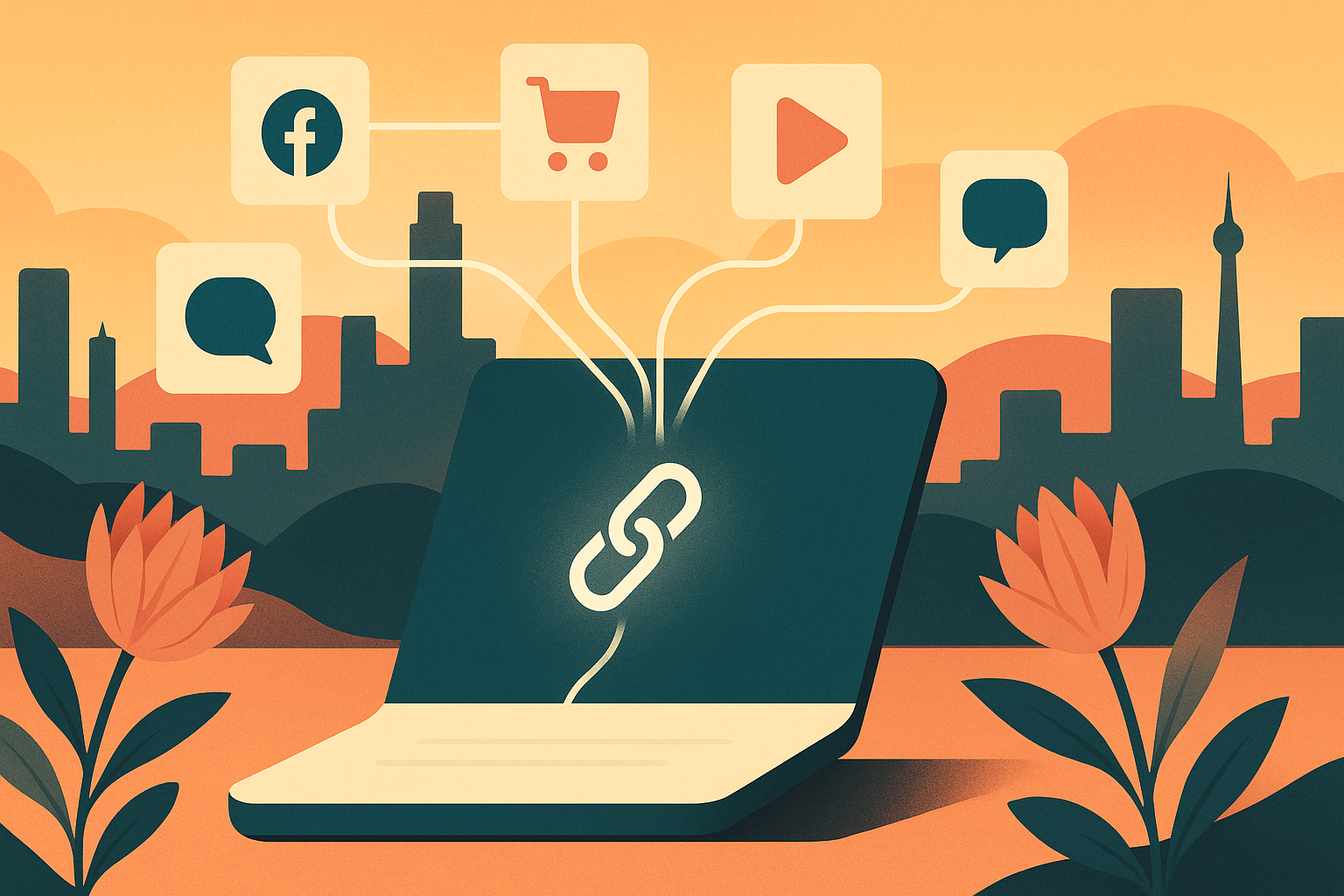 Editorial illustration of a central link hub connecting social, commerce, messaging, and payment icons with subtle South African visual cues.