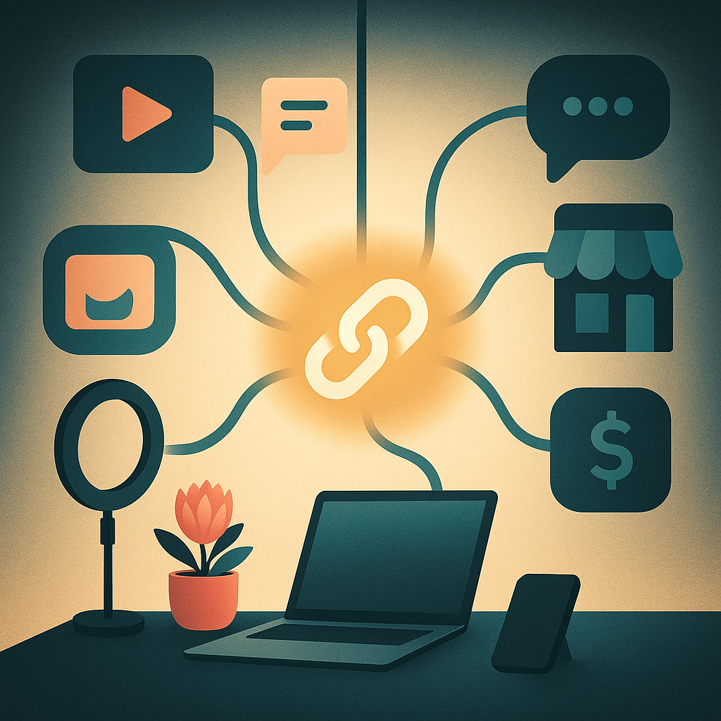 Square illustration of a glowing central link connected to content, messaging, store, booking, and payment icons beside a creator workspace.