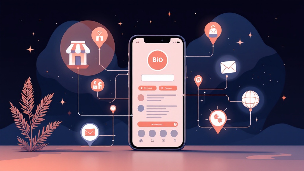 Editorial illustration of a TikTok profile bio branching into multiple destination links for creators and businesses.