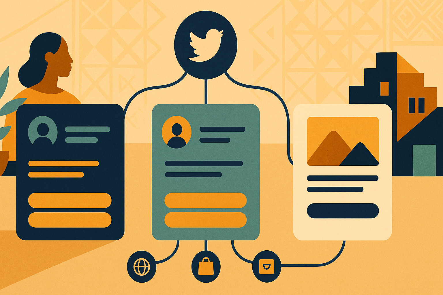 Illustration of a creator dashboard comparing three link-in-bio platforms, connected to website, shop, bookings, and content icons.