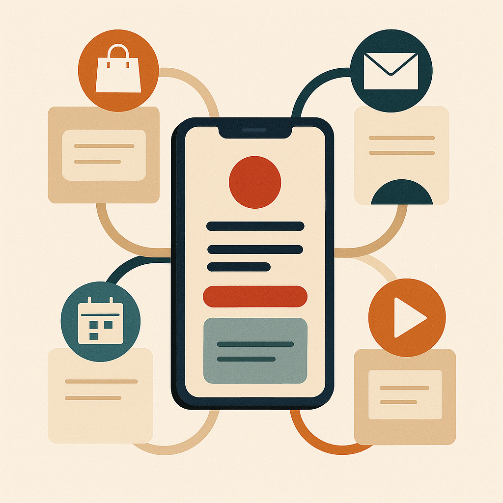 Square illustration of a phone surrounded by link-in-bio interface elements and three platform options.