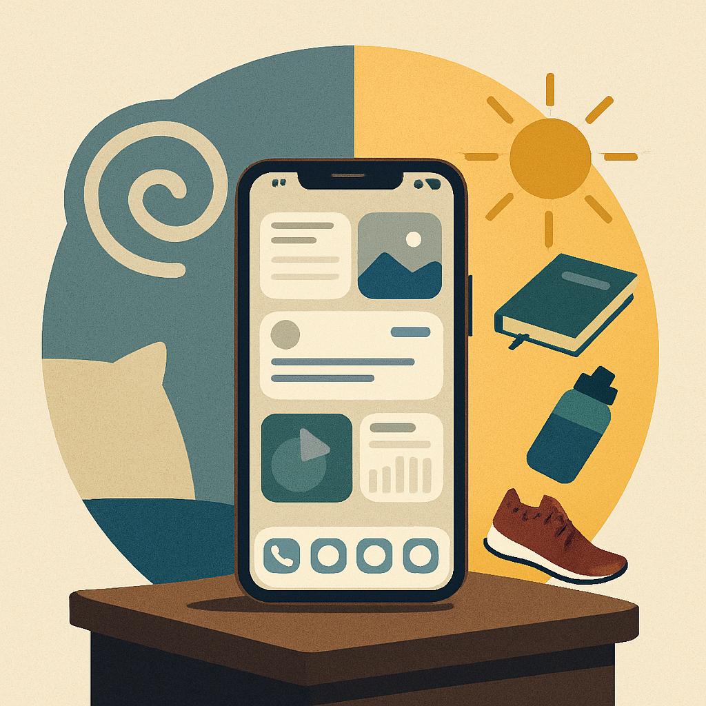 Square illustration of an iPhone alarm surrounded by visual metaphors for snoozing and building purposeful morning habits.