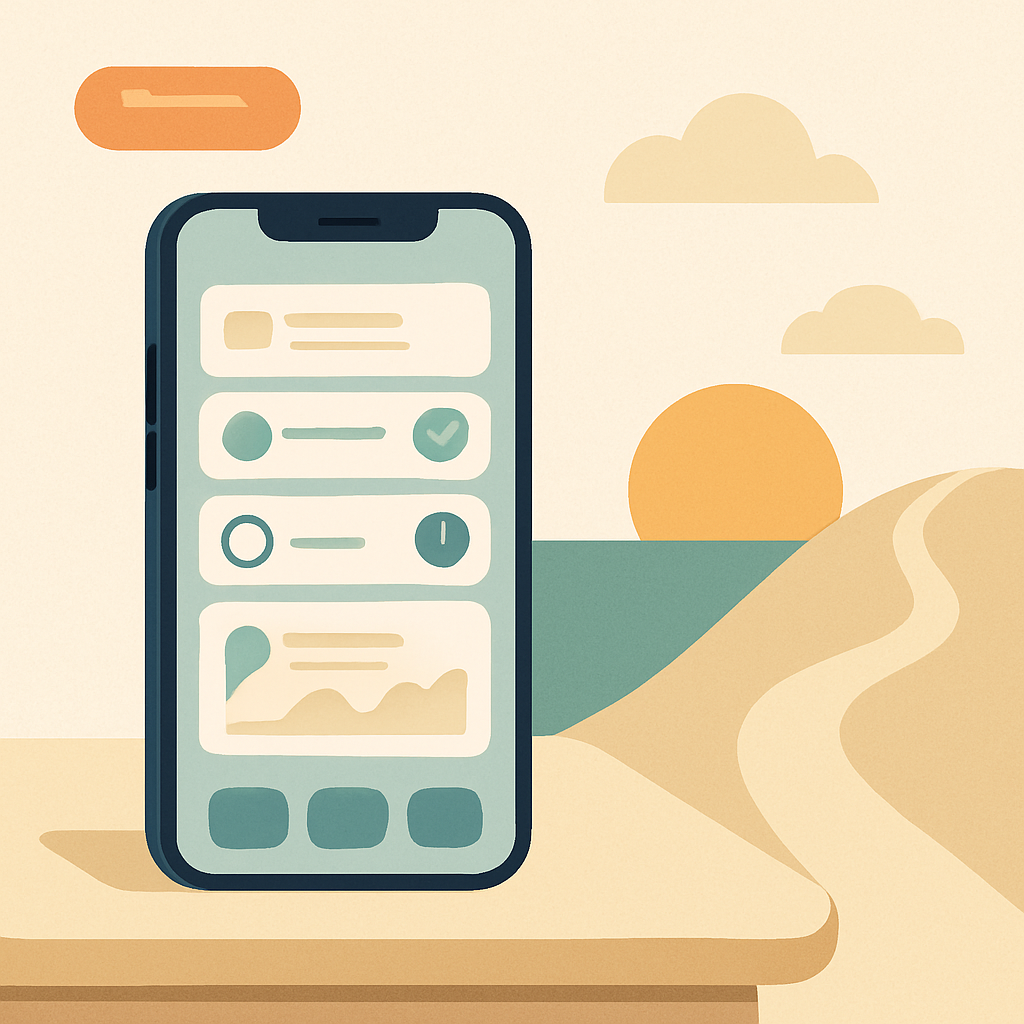 Illustration of a smartphone alarm app with abstract habit and wake-up cues, representing consistent mornings on iPhone.