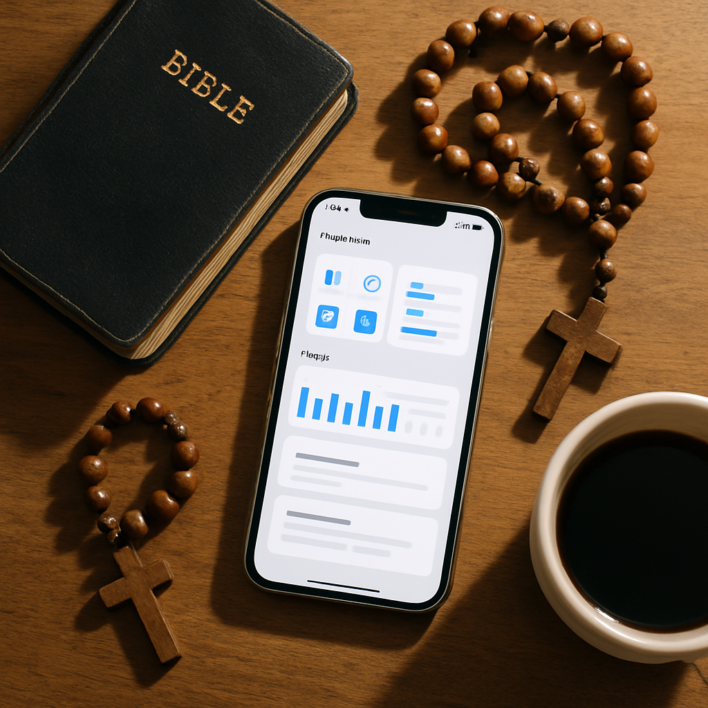 Top-down view of an iPhone with a bright generic app interface next to a Bible and prayer items on a wooden table.