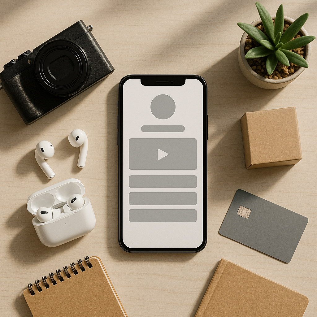 A smartphone on a creator desk showing a blank link-in-bio layout surrounded by content creation and monetization tools.