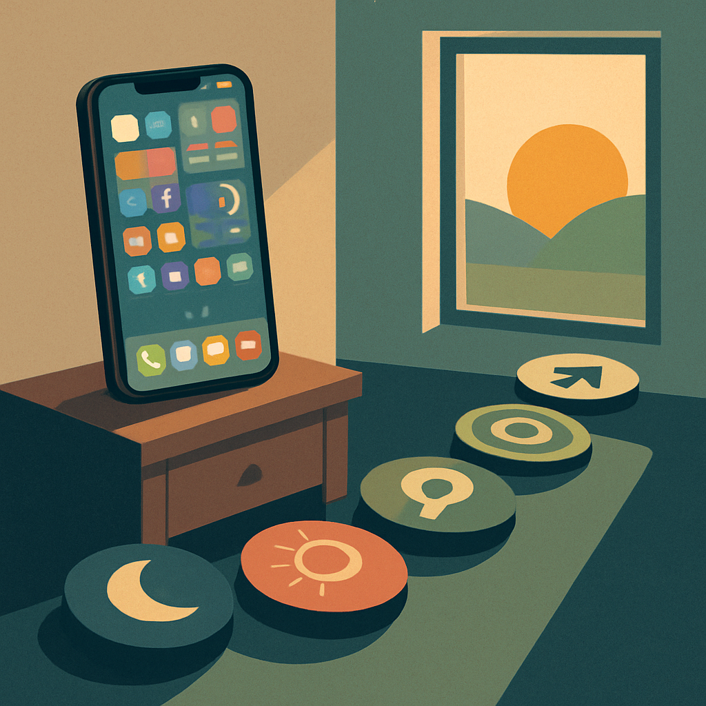 Square illustration of an iPhone with abstract habit app elements and stepping stones toward sunrise.