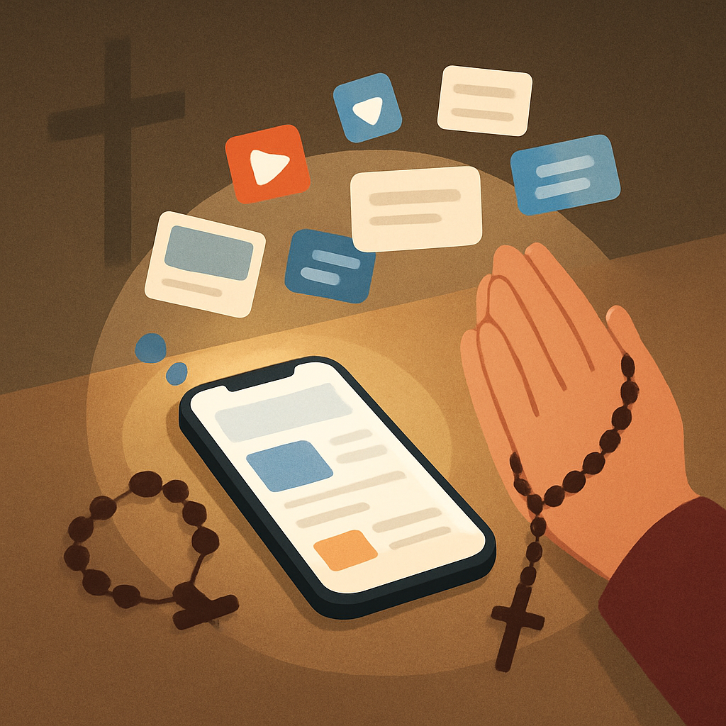 Square illustration of a smartphone and prayer elements symbolizing reduced screen time and putting prayer first.