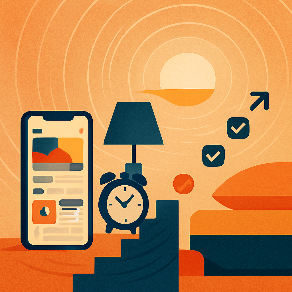 Illustration of a smartphone app and abstract habit cues supporting a better wake-up routine.