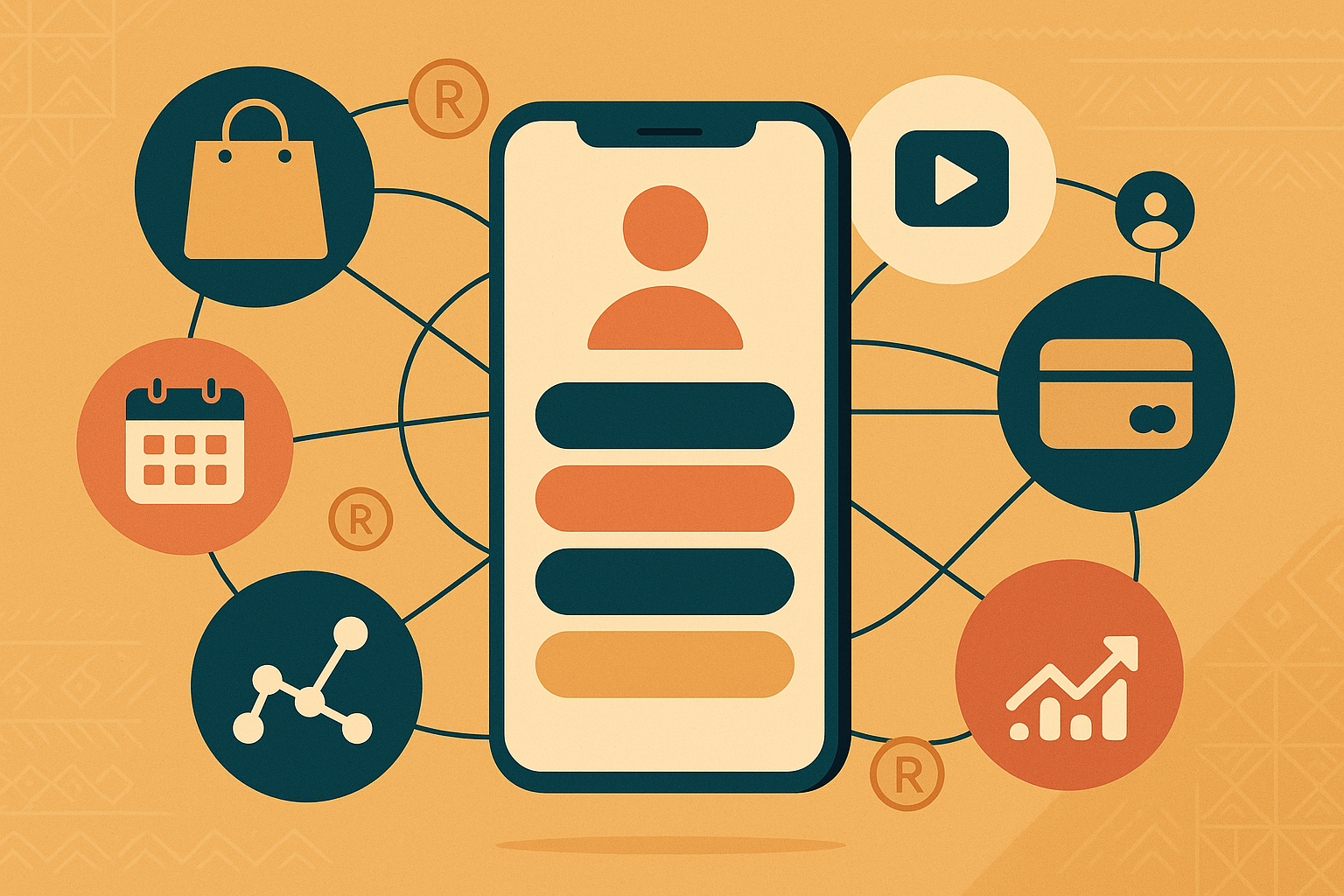 Illustration of a central smartphone link hub connecting social, payment, commerce, and analytics tools for South African creators and small businesses.