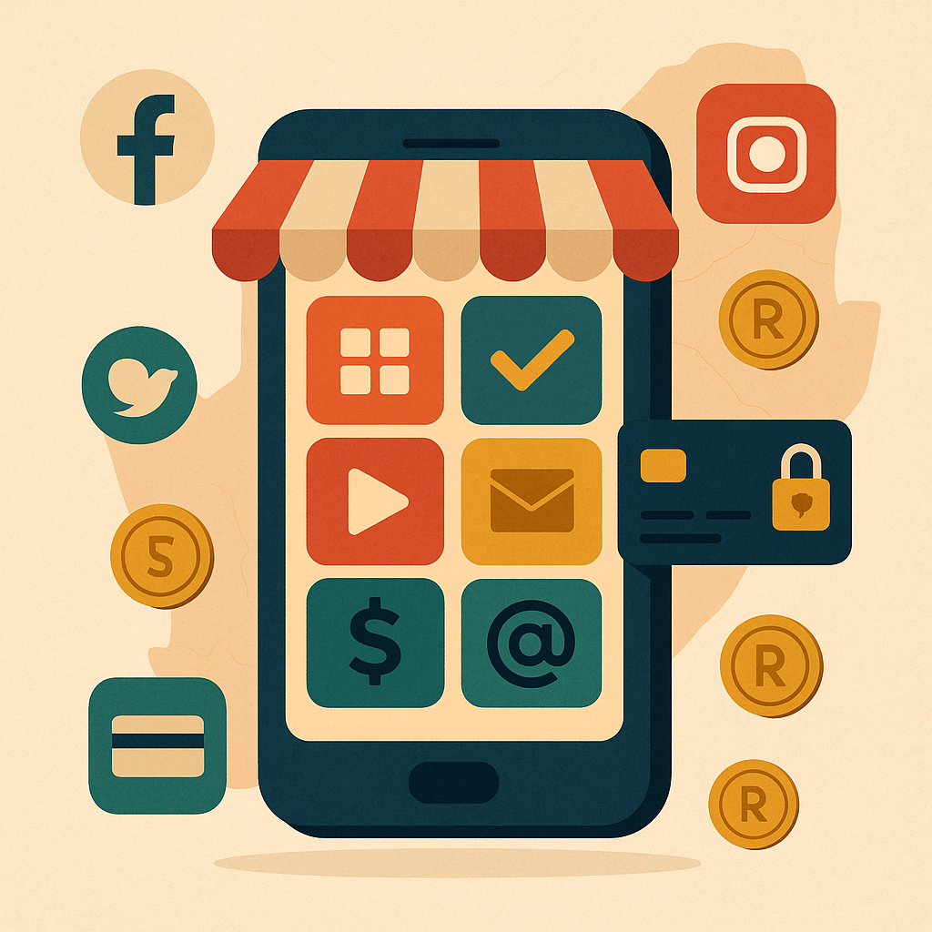 Illustration of a smartphone storefront with connected content, booking, product, and payment icons, suggesting local monetization tools.
