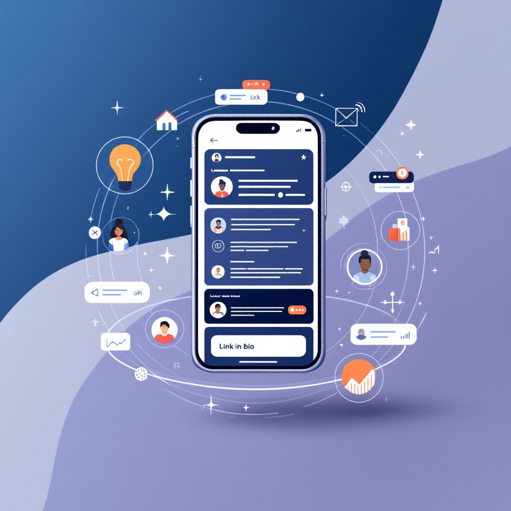 Square illustration of a modular link-in-bio layout with analytics and conversion elements.