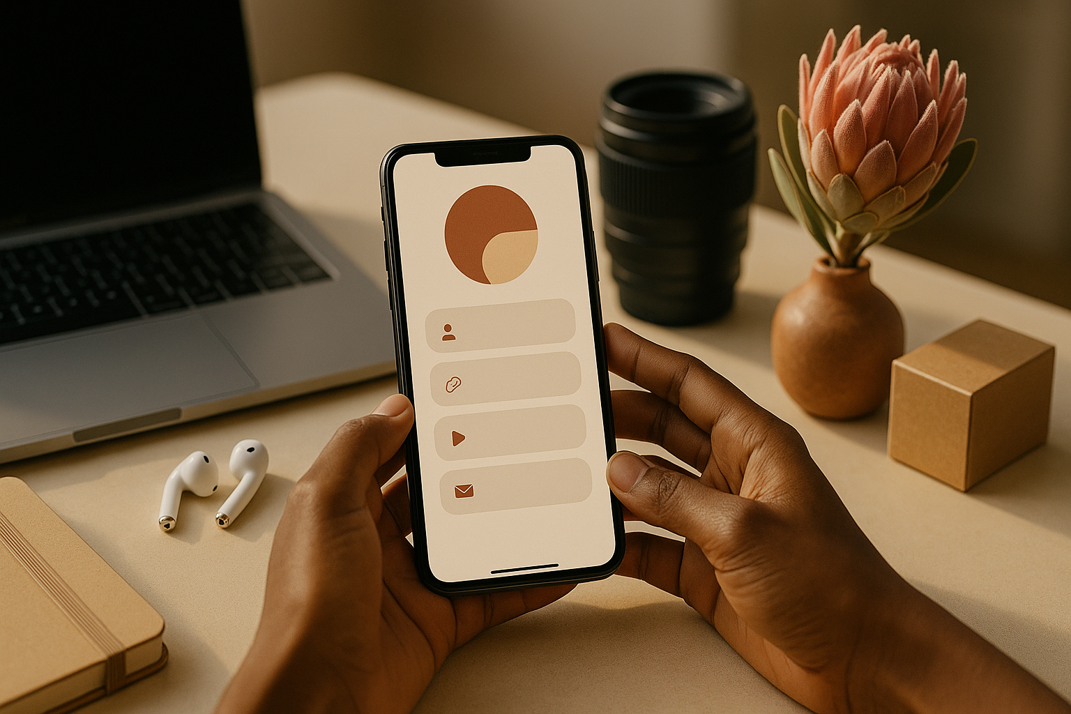 South African creator workspace with a smartphone showing a blank link-in-bio style page, surrounded by business and content creation tools.