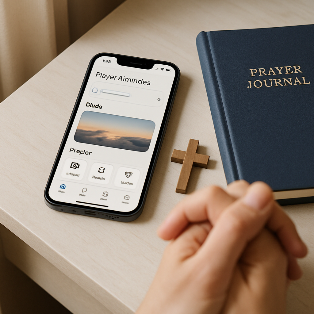 A close-up of an iPhone with a bright prayer app interface next to a prayer journal and small cross in soft daylight.