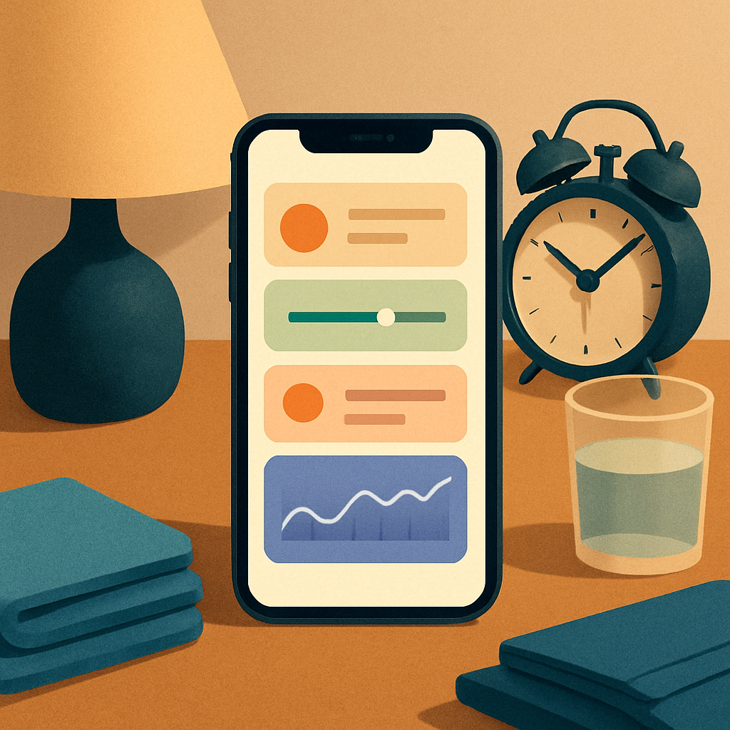 A smartphone morning app and neatly arranged bedside objects convey a more productive, intentional start to the day.