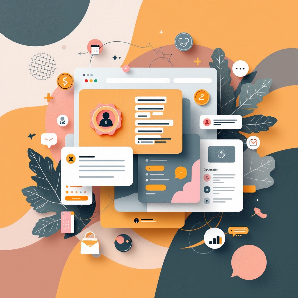 Illustration of a compact one-page website layout with modules for links, products, contact, and social channels merging into one page.