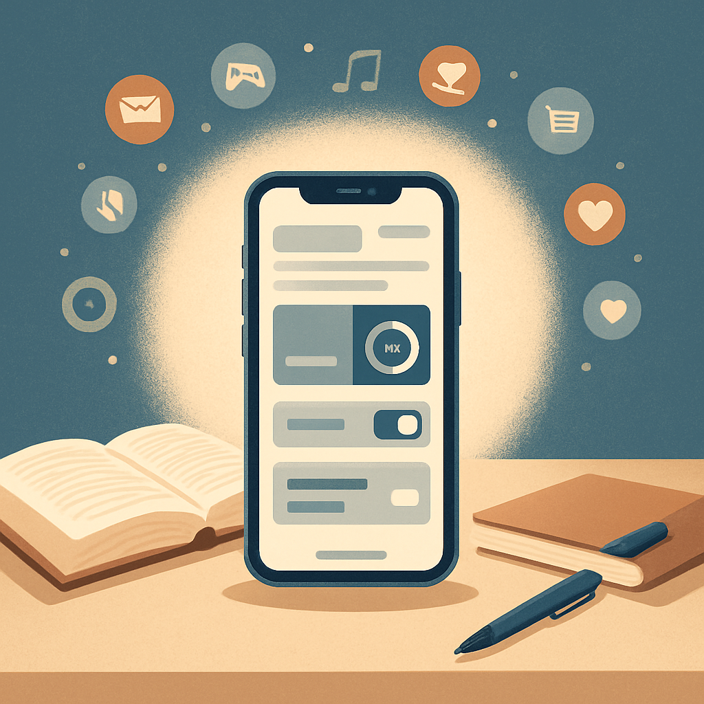 A centered phone display with a calm app interface, surrounded by a Bible, notebook, and drifting distraction icons.