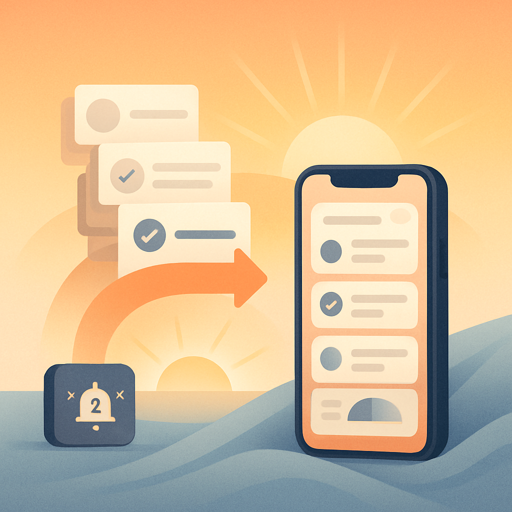 Square illustration of a phone app and rising habit cards symbolizing a productive morning routine.