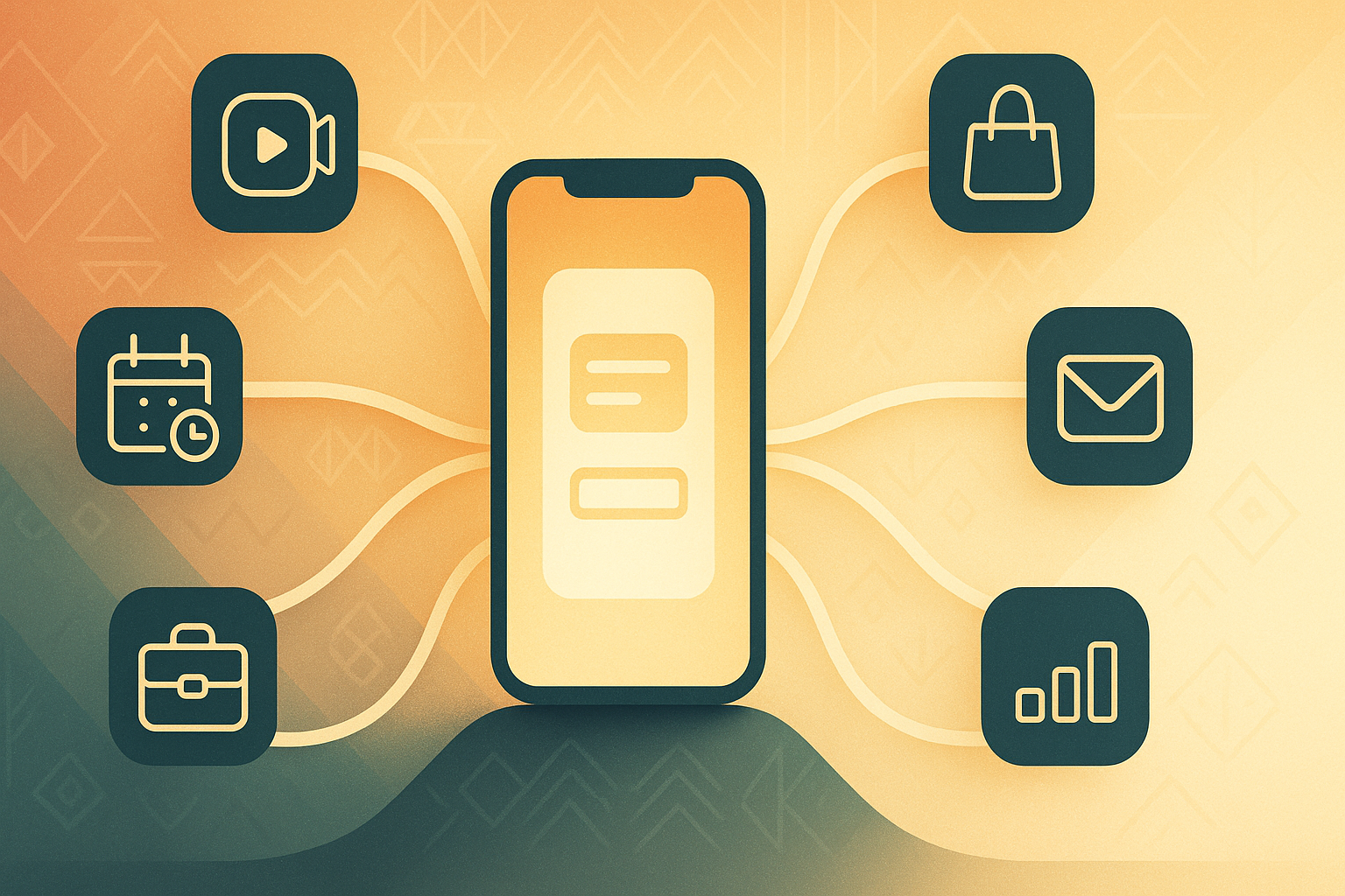 Abstract illustration of a central mobile link hub connecting social, ecommerce, booking, portfolio, messaging, and email channels.