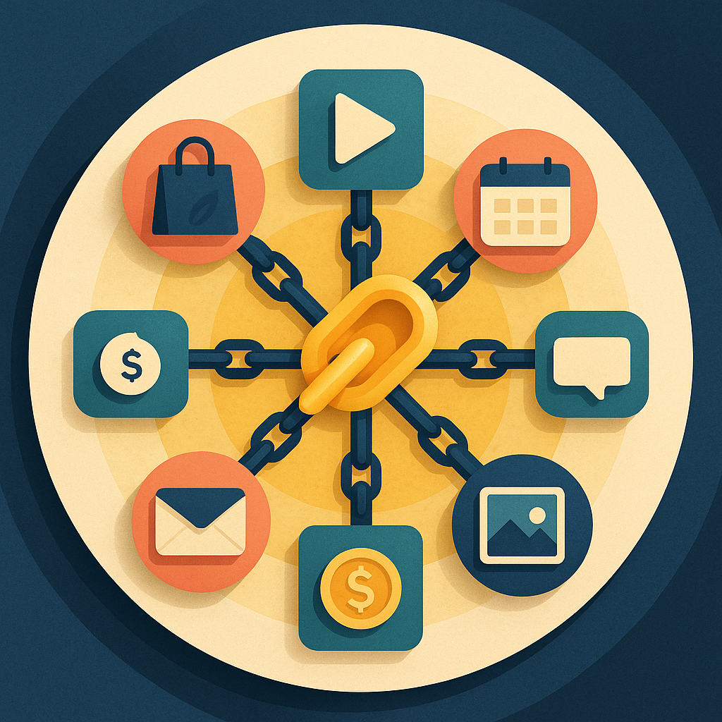 Square illustration of a central chain link connecting icons for commerce, video, chat, bookings, portfolio, email, and monetization.